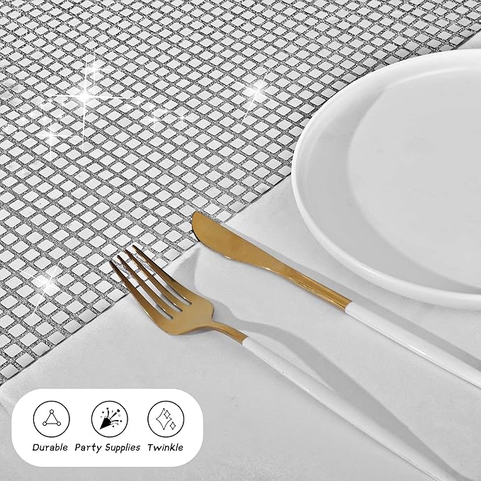 durony 2 Pack Disco Party Table Runner 11 x 108 Inch Mirror Silver Glitter Foil with Sparkle Sequin Table Runner for 70s Bachelorette Parties Disco Cowgirl Party Decorations