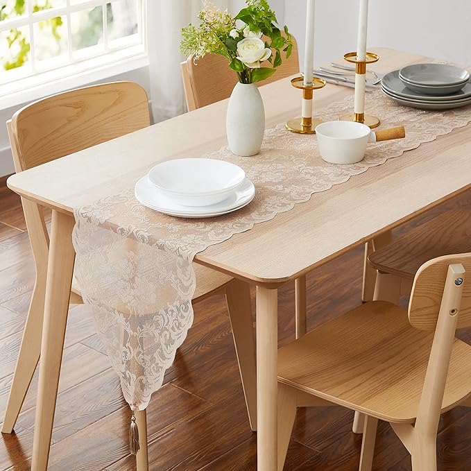 LinenZone Linen Table Runner with 2 Tassels for Rustic Vintage Decor. Lace Table Runner Works Great As Wedding, Thanksgiving, Christmas Decor (Mia 14 x 72, Linen)