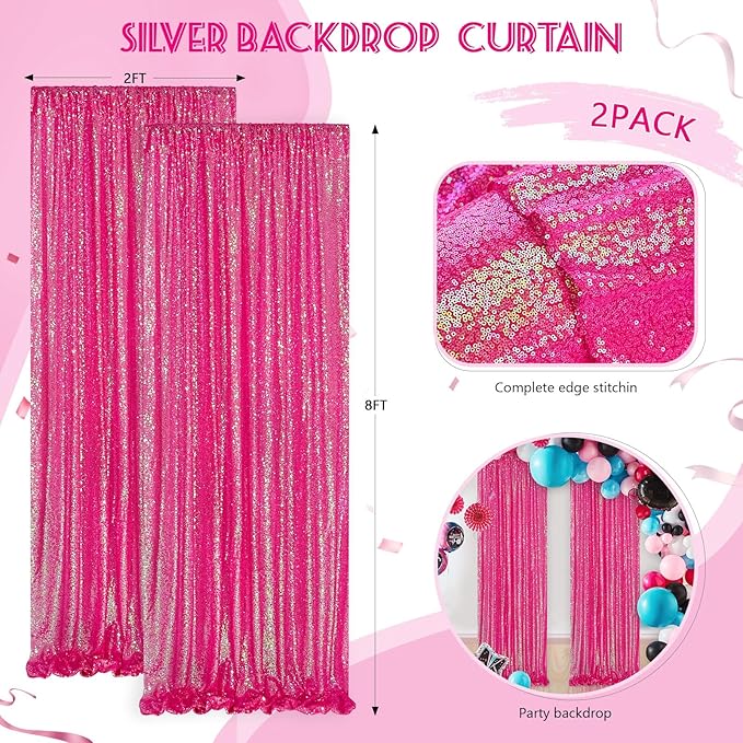 Sequin Backdrop Curtains Wedding Photo Backdrop Glitter Birthday Bridal Party Curtains Sparkle Background Drapes (Iridescent Hot Pink, 2 pcs-2ftx8ft)
