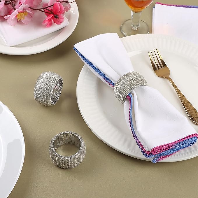12 Pcs Beaded Napkin Rings - Rhinestone Napkin Buckles Glossy Napkin Bling Round Holders for Easter Holiday Wedding Banquet Home Party Dining Table Decoration (Silver) - CLEENTABLE