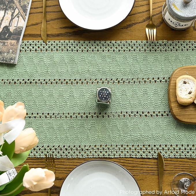 Artoid Mode Light Green Farmhouse Woven Rustic Hollow Table Runner, Seasonal Holiday Hollow Kitchen Dining Table Decoration for Home Party Decor 12x72 Inch