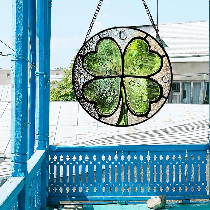 Stained Glass Window Hanging, Green Silver 4 Leaf Clover Sun Catcher for Window Door Home Decor Plant Suncatcher Christmas Mother's Day Birthday Gifts for Women Men Mom Nana 7.8 in