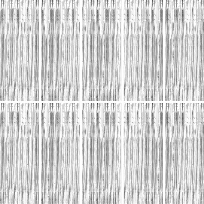 BTSD-home 10 Pack Silver Foil Fringe Curtain, Metallic Photo Booth Backdrop Tinsel Door Curtains for Wedding Birthday Bridal Shower Baby Shower Bachelorette Christmas Party Decorations(8ft x 3ft)