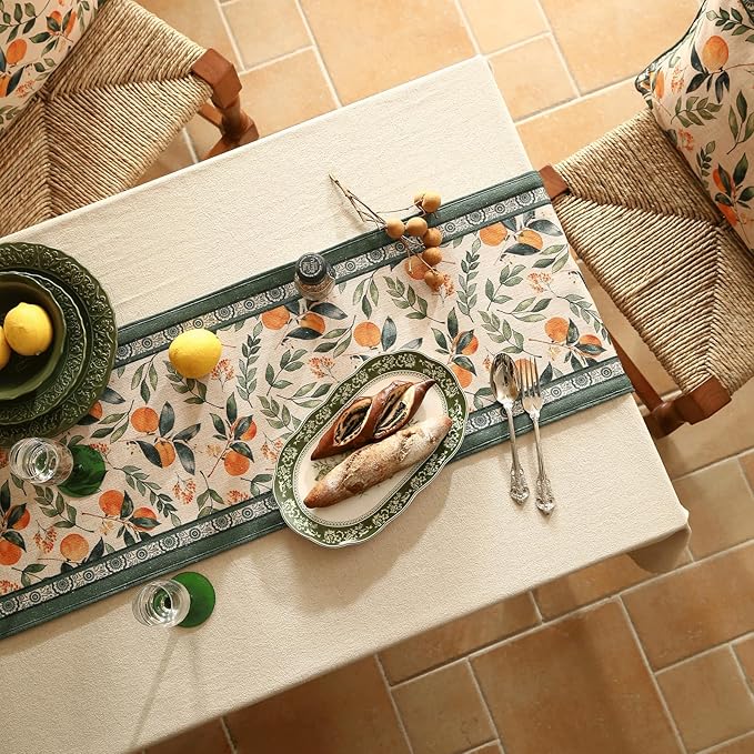 patdrea Designer Vintage Fresh Farmhouse Linen Table Runner 71 Inch Long, Green and Orange Pattern Table Mat, Decor for Kitchen Dining Table Coffee Table Shelf Cabinet Banquet Christmas ,12"*71"