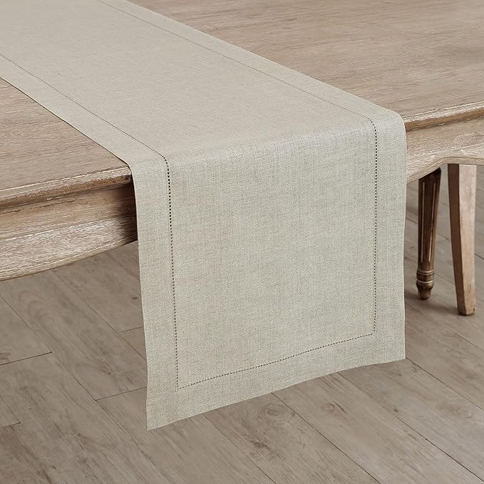 Solino Home Linen Natural Table Runner 120 Inches Long - 100% Pure Linen Hemstitch 14 x 120 Inch Table Runner for Dining, Fall, Autumn, Thanksgiving, Christmas - Classic Hemstitch