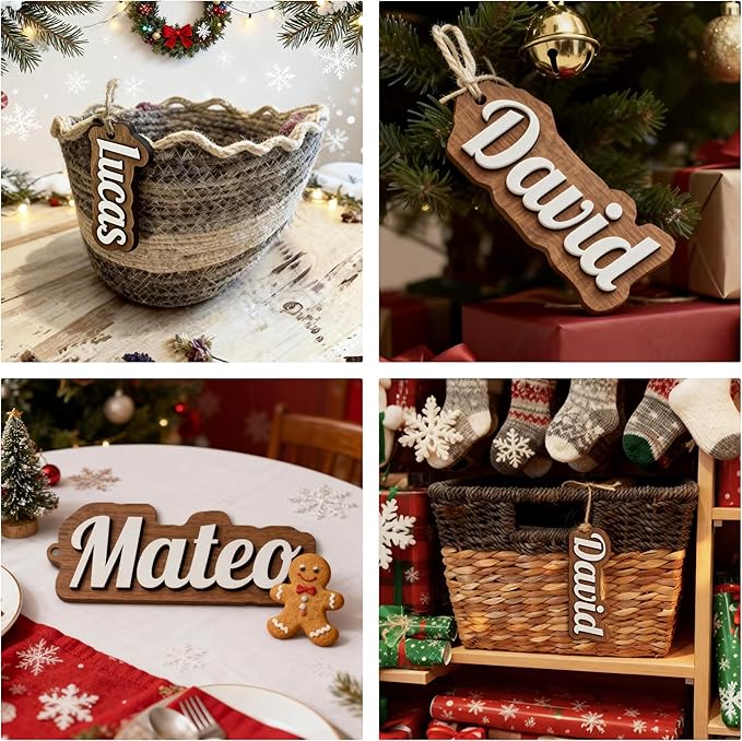 5Pcs Personalized Christmas Stocking Name Tags Custom Wooden Stocking Name Tag Customized Letters Tags Custom Xmas Stockings Hanging Tag Gifts for Christmas Stockings