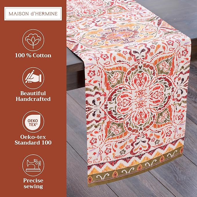 Maison d' Hermine Table Runner 100% Cotton Single Layer Table Runners 108 inches Long for Thanksgiving Christmas Decorations Home Kitchen Dining Party Wedding (Damask, 14.5" x 108")