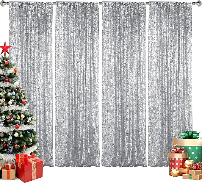 Sugargirl Silver Sequin Backdrop Curtain 4 Panels 2FTx8FT Glitter Silver Background Drapes Sparkle Photography Backdrop for Party Wedding Birthday Wall Decoration