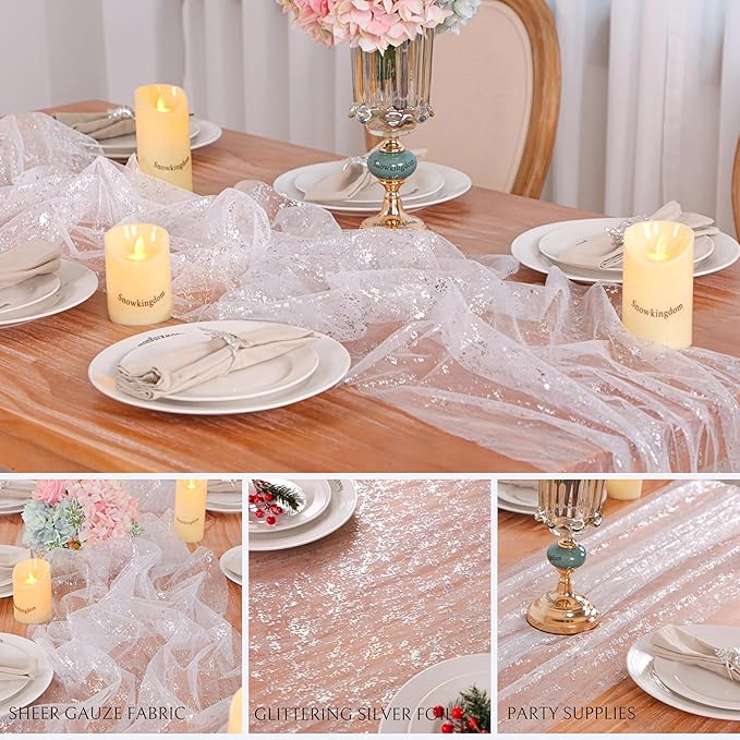 Snowkingdom 6 Pcs 10 FT Silver White Cheesecloth Table Runner Sheer Chiffon Gauze Runner, Sequin Glitter Silver Table Decoration Centerpieces for Wedding Birthday Christmas Bridal Baby Shower
