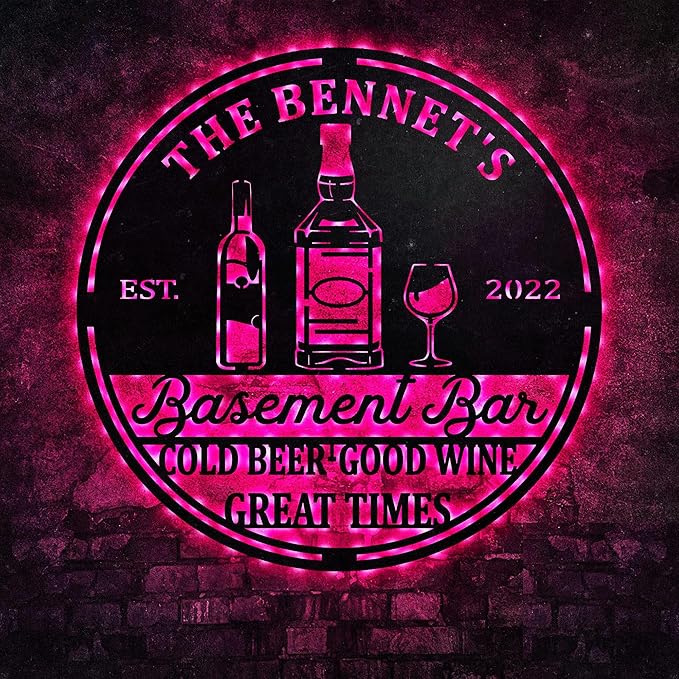 Custom Basement Bar LED Changing Lights Metal Sign, Door Wall Plaque, Rustic Bar Sign, Tasting Room Sign, Man Cave Decorations, Gift for Dad