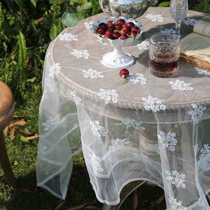 patdrea Designer White Lace Elegant Tablecloth for Square Tables,Vintage Tulle French Romantic Knitted Embroidered Overlay Tablecloths Decor for Kitchen Wedding Banquet,59"*59"