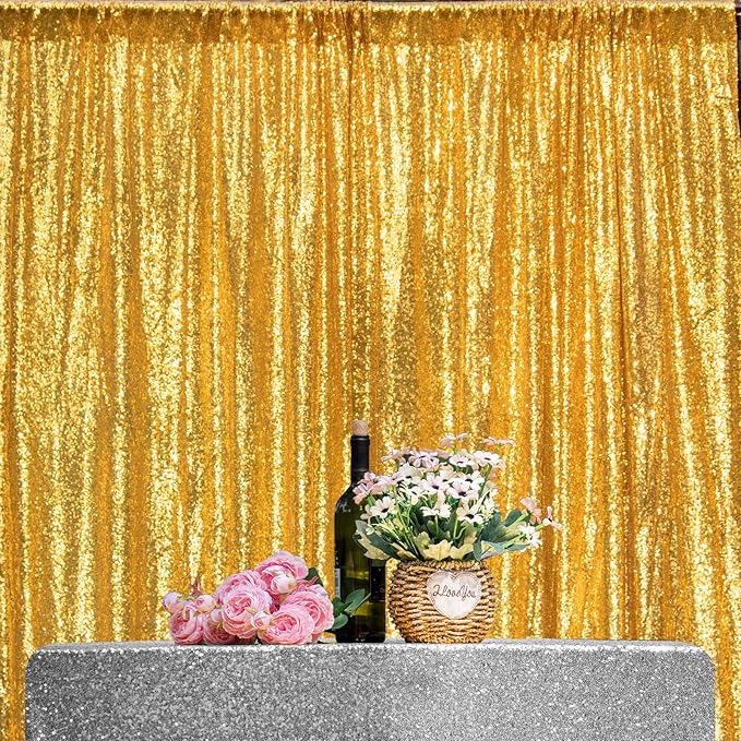 JYFLZQ Gold Sequin Backdrop Curtains 2ft x 8ft 2 Panel Glitter Photo Booth Backdrops Sparkly Photography Background Drapes for Parties Wedding Bridal Showers