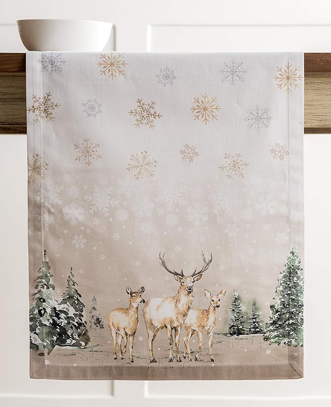Maison d' Hermine Table Runner 100% Cotton Single Layer Table Runners 36 inches Long for Thanksgiving Christmas Decorations Home Kitchen Dining Party Wedding (Deer in The Woods, 14.5" x 36")