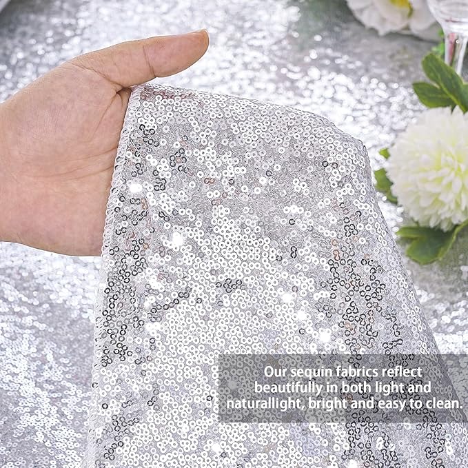 QueenDream Sequin Tablecloth 90x132 Inches Rectangular Silver Table Cloth Glitter Fabric Overlay for Wedding Birthday Bridal Shower Decorations