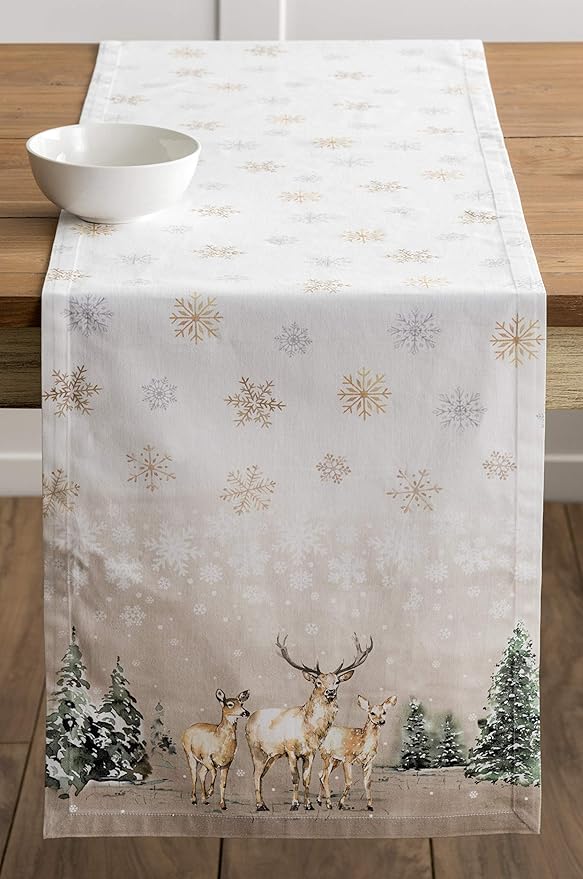 Maison d' Hermine Table Runner 100% Cotton Single Layer Table Runners 48 inches Long for Thanksgiving Christmas Decorations Home Kitchen Dining Party Wedding (Deer in The Woods, 14.5" x 48")