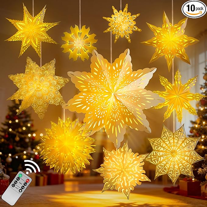 10 Pcs Christmas Paper Snowflake Lanterns, Large Christmas Paper Star Lanterns with LED Lights White Hanging Snowflake Lamp Ornaments for Xmas Winter Frozen Weddings Birthday Holiday Party Decorations
