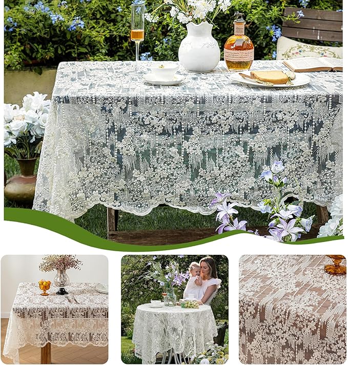Lace Embroidered Tablecloth. Rectangle Lace Vintage Tablecloth Dustproof Table Protector for Kitchen Dining Room Party Banquet Home Picnic Wedding Decoration (Creamy White 98×53 inch)