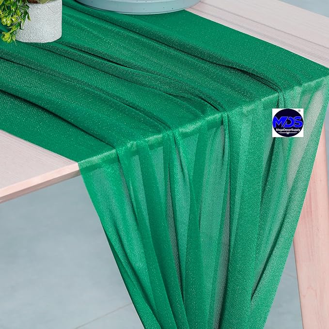 MDS 2 Pack 10ft Chiffon Table Runner 29 x 120 Inches Sheer Wedding Runner Romantic Rustic Table Runner for Wedding Decorations, Birthday Parties, Bridal Shower Party Arch Decor - Emerald Green