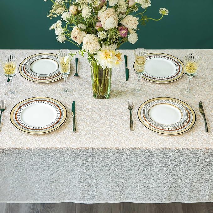 Lace Tablecloth Leaf Pattern Warp Knitting Fabric Solid White Rectangle/Oblong Table Cover for Kitchen Dining Farmhouse Wedding Party Decor Ivory, 52x70 Inch