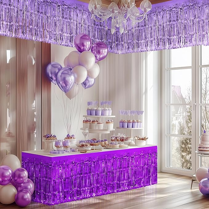 2 Pack Light Purple Dark Purple Table Skirts, 29x108" Metallic Foil Tinsel Fringe Table Skirt for Rectangle Tables Streamer Curtains Backdrop, Party Decorations for Birthdays, Weddings, Holidays
