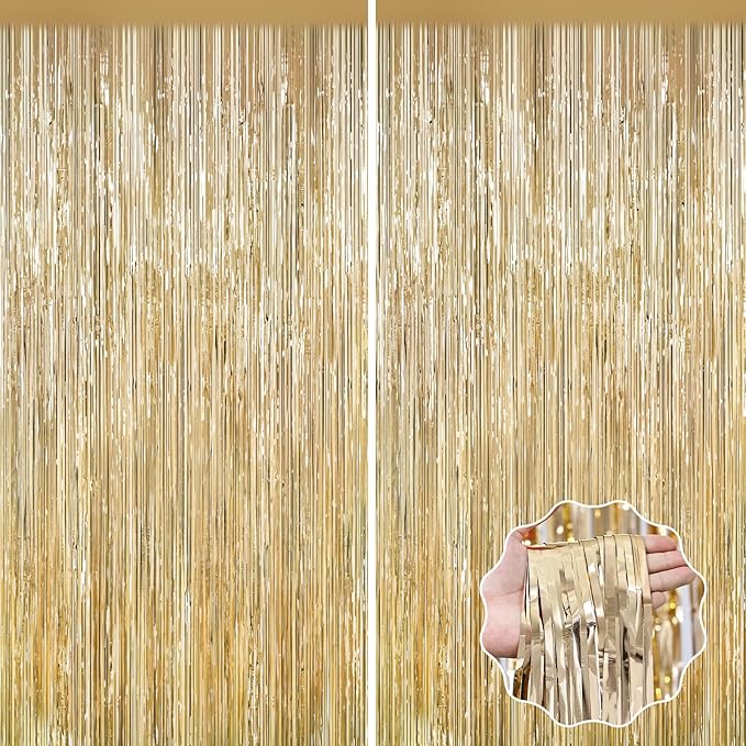 2Pack Champagne Gold Backdrop Birthday Decorations Foil Curtain Backdrop Gold Streamers Dance Party Decors Photo Booth Props for Bachelorette Decors Christmas Halloween New Years Eve Party Supplies