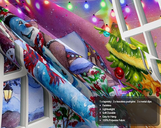 QGHOT Christmas Window Tapestry Wall Hanging, Christmas Backdrop Winter Window Wall Decor Xmas Snowman Deer Tapestries for Bedroom Living Room Dorm Holiday Party Decoration, Large