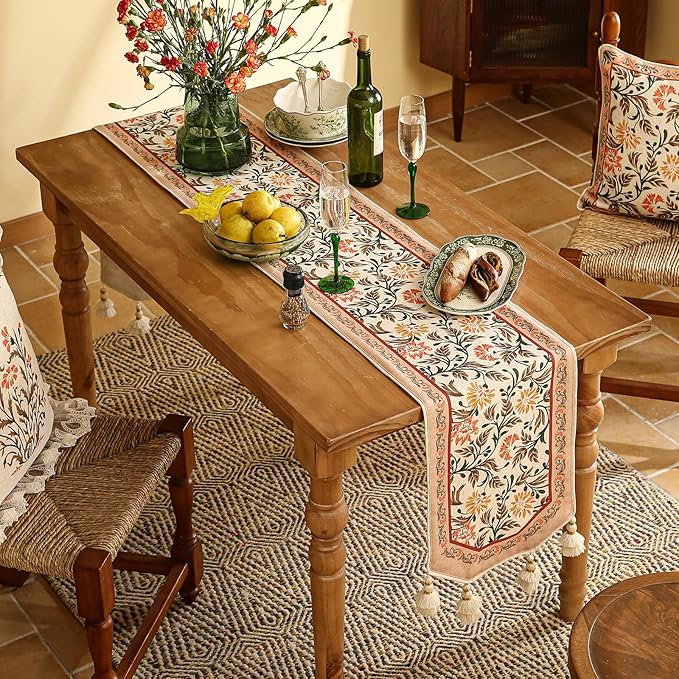 ISAENNE Designer French Elegant Linen Table Runner 71 Inches Long,Farmhouse Lily Pattern Decor Table Runners for Dining Tables,Thanksgiving,Kitchen Tables,Christmas,12"*71"-Aurora A