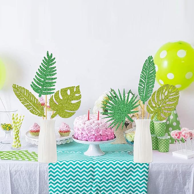 20pcs Glitter Tropical Leaves Centerpiece Decorations for Table Green Palm Leaf Theme Centerpiece Sticks Hawaiian Luau Birthday Decorations for Summer Jungle Theme Birthday Party Baby Shower Supplies