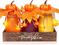 Thanksgiving Decorations Indoor 3 PCS, Thanksgiving Table Decor with Wooden Boxes, Thanksgiving Fall Centerpiece Mason Jars with Pumpkin Decor Lights for Home, Office, Kitchen