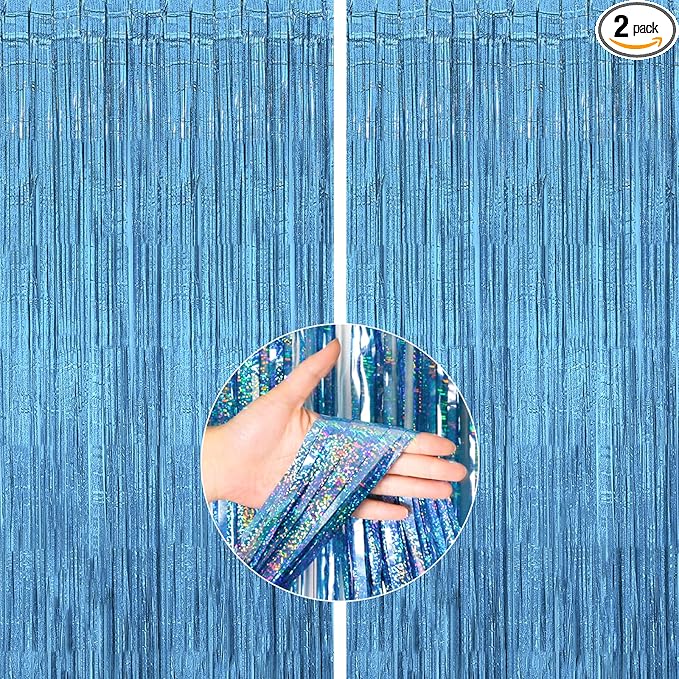 PartyWoo Foil Fringe Curtains Blue, 2 pcs 3.3x6.6 ft Blue Streamers, Fringe Backdrop, Tinsel Backdrop, Tinsel Curtain, Metallic Door Shimmer, Birthday Party Streamers, Photobooth
