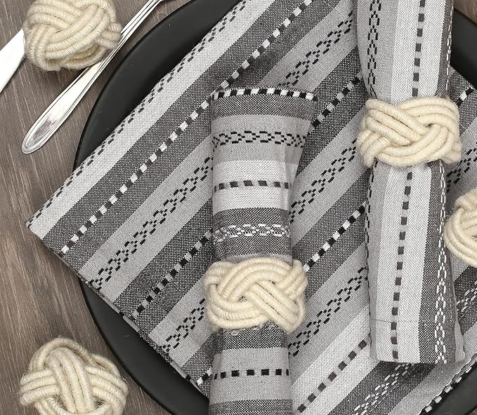 Farmhouse Napkin Ring Set of 12 - Handwoven Cotton & Jute Knot Design for Table Decor, Weddings, Dinner Parties & Everyday Dining - Decorative Adornment for Table Setting (Off White) - CLEENTABLE