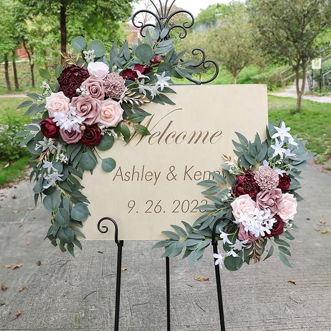 Ponatia Wedding Arch - Artificial Burgundy & Dusty Rose & Blush Flowers (Pack of 2) for Wedding Welcome Signs, Ceremony & Reception