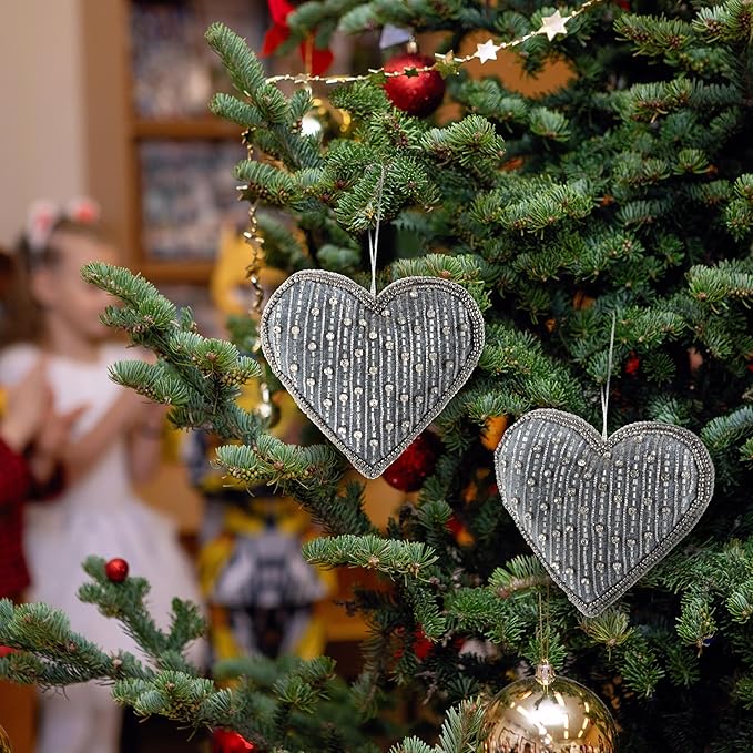 Set of 6 Beaded Heart Ornaments - Rustic Hanging Love Decorations, Farmhouse Wall Decor, Romantic Gifts for Her, Him, or Couples - Handmade Valentine’s Day & Mother’s Day Decor (Grey) - CLEENTABLE