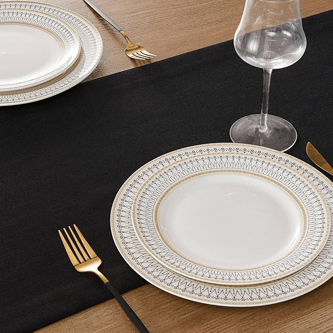 ZeeMart Linen Textured Border Table Runner, 14 x 90 Inch Black, Farmhouse Style Black Table Runners 90 Inches Long, Easy Care Everyday Polyester Table Runner