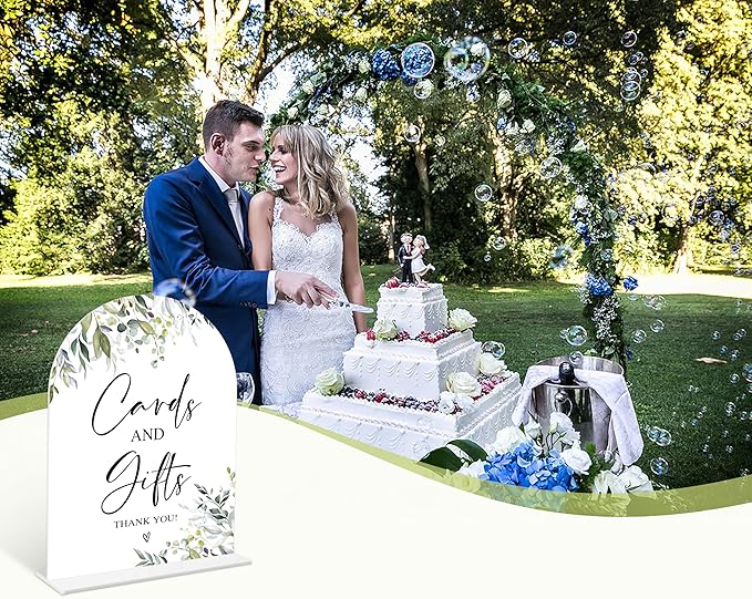 Greenery Cards and Gifts Sign, 6 x 8 Inch White Arch Acrylic Wedding Sign with Holder, Wedding Sign for Ceremony and Reception, Wedding Decoration, Wedding Supplies - LY01