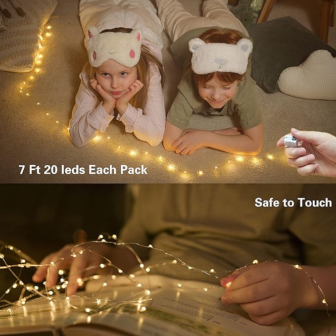 20 Pack Fairy Lights Battery Operated 60 Extra Batteries, 3 Modes 6.5ft 20 LED Mini String Lights, Waterproof Silver Wire Firefly Starry Lights for DIY Wedding Christmas Party, Warm White