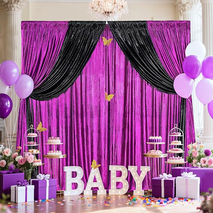 9.6x8FT Black Sequin Curtains: Photo Backdrop Drapes 2 Pieces 4.8x8FT Birthday Backdrop for Hallween Decorations Arch Backdrop