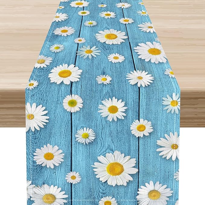 Daisy Floral Table Runner, Rustic Seasonal Spring Wild Flower Rustic Blue Wood Farmhouse Table Center Decor for Home Kitchen Dining Patio Holiday Party Indoor Outdoor Table Decorations, 13"x36" Inch