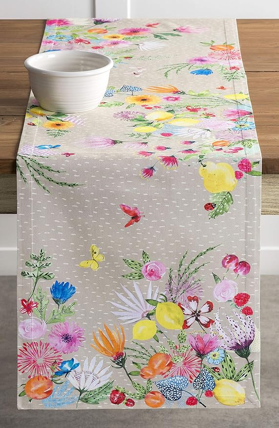 Maison d' Hermine Table Runner 100% Cotton Single Layer Table Runners 108 inches Long Decorative for Home Kitchen Dining Party Wedding Bridal Shower Spring Summer (Jardin D'Ete - Fog, 14.50" x 108")