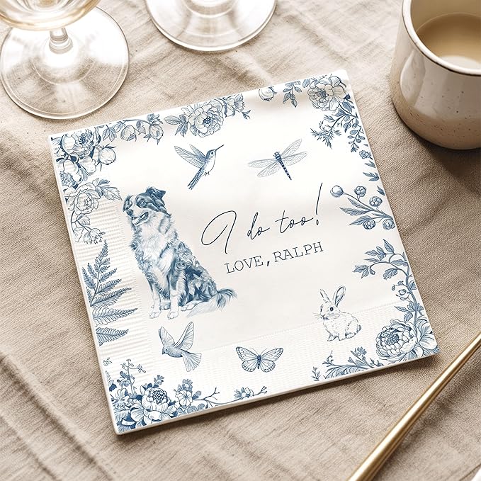 Luxury Personalized Dog Wedding Napkins, Custom Wedding Cocktail Napkins, Cocktail Bar Napkin For Reception, Napkin for Pet Lovers, Anniversary, Bridal, Engagement Party, Bridal Shower