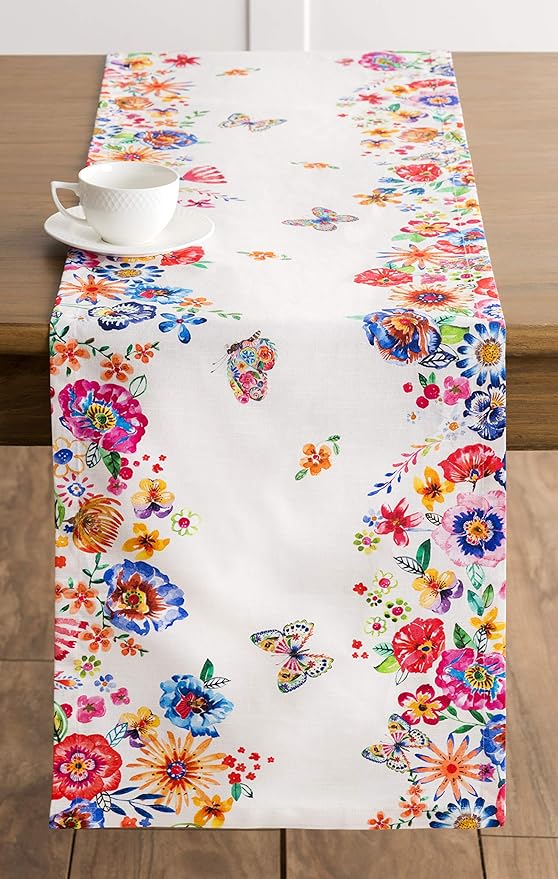 Maison d' Hermine Table Runner 100% Cotton Single Layer Table Runners 72 inches Long Decorative for Home Dining Party Wedding Bridal Shower Spring Summer (Happy Florals - High Summer, 14.50" x 72")