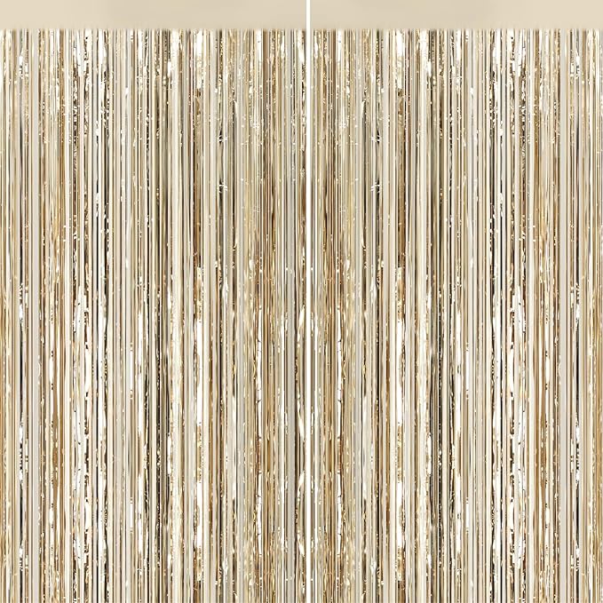 2Pack Champagne Gold Foil Fringe Backdrop Curtains, Tinsel Door Streamers, Fringe Backdrop for Graduation New Years Eve, Graduation, Birthday, Wedding, Baby Shower, Gender Reveal, Disco Party Decors