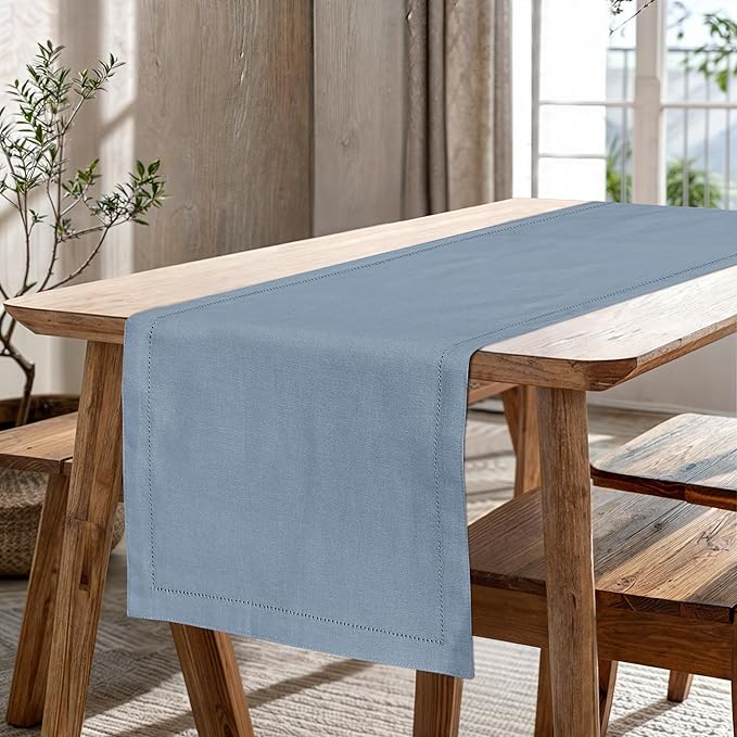 Ruvanti Linen Table Runner 108 Inches, Classic Hemstitch, Washable, Reusable, Non-Slipping, Stain Resistant- Perfect for Parties, Weddings, Dinners, Thanksgiving, Christmas, Indoor use – Grey