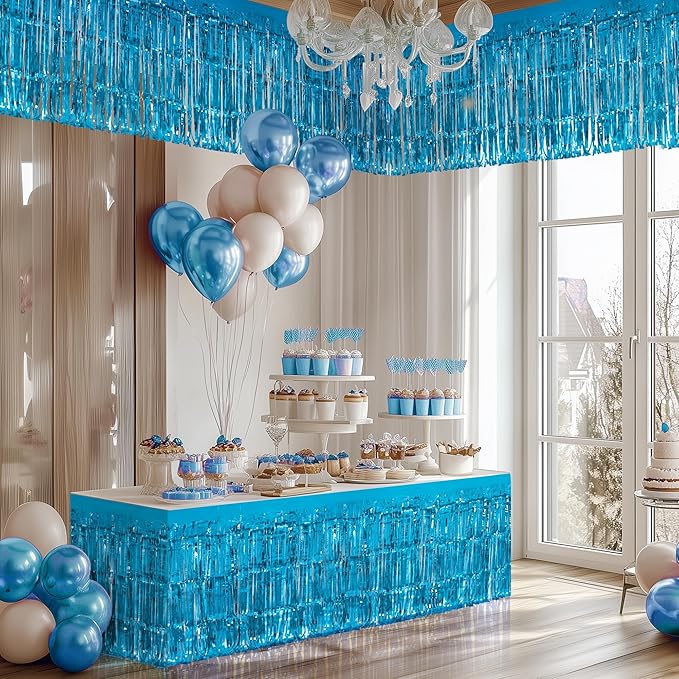 8 Pack Lake Blue Table Skirts, 29x108" Metallic Foil Tinsel Fringe Table Skirts for Rectangle Tables Streamer Curtains Backdrop, Party Decorations for Birthdays Weddings Holidays