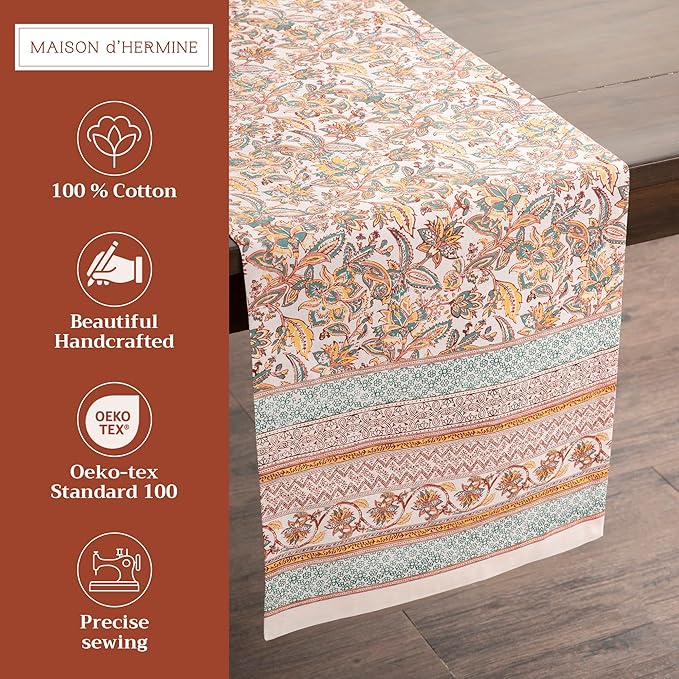 Maison d' Hermine Table Runner 100% Cotton Single Layer Table Runners 72 inches Long for Thanksgiving Christmas Decorations Home Kitchen Dining Party Wedding (Nila, 14.5" x 72")