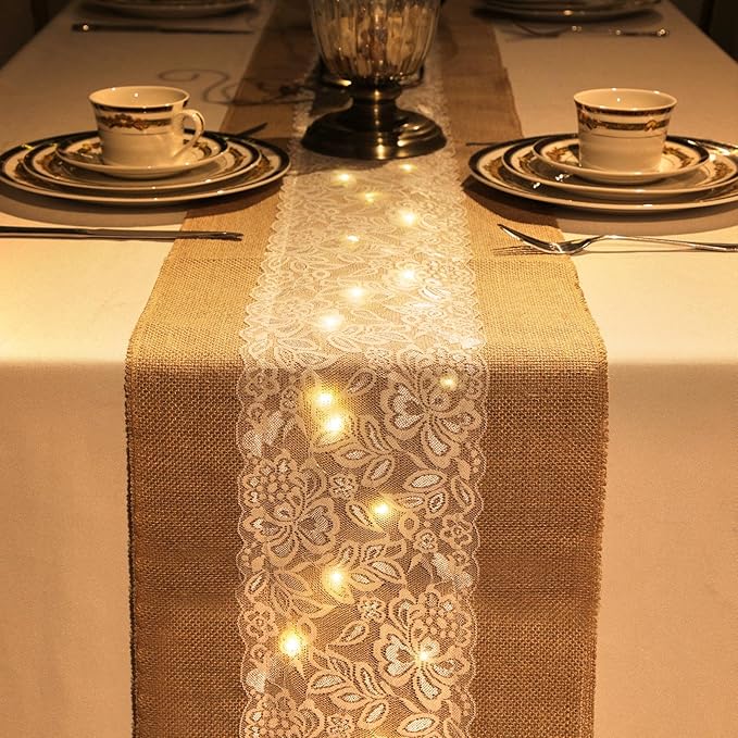 Xinnun 12 Pcs Burlap Table Runner with Lights 12 x 108 Inches Burlap Lace Table Runner Rustic Wedding Decorations Home Party (Flower)
