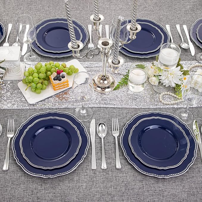Hioasis 60pcs Blue Plastic Plates - Blue and Silver Disposable Dinnerware with Gold Rim, Heavy-duty, 10.25 inch, Dinner Plates for Party & Wedding
