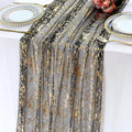 LOMOHOO 10 Ft Black Table Runner, Black Sheer Sequin Table Runners 120 Inches Long Glitter Metallic Foil Lace Fabric Table Decor for Birthday Party Wedding Anniversary Centerpiece (1pcs)