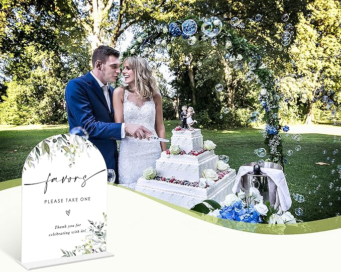 Greenery Favors Sign, 6 x 8 Inch White Arch Acrylic Wedding Sign with Holder, Wedding Sign for Ceremony and Reception, Wedding Decoration, Wedding Supplies - LY26
