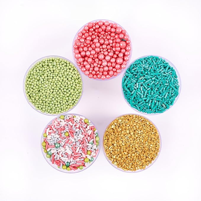 Confect Cool Mom Sprinkles Mix – 5 Pack Assorted Cake & Cupcake Decorations (Teal Jimmies, Green Dragees, Pink Pearls, Sparkling Gold Sugar) –Fun Dessert Toppings for Baking, Parties & Gifts – Vegan, Gluten-Free, Nut-Free, Soy-Free, Dairy-Free, Palm Oi...